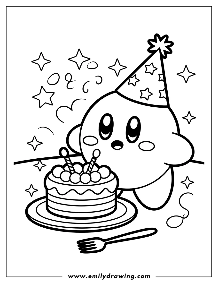 Line art of Kirby wearing a party hat, looking at a small birthday cake with candles on a plate, with a fork nearby. Stars and swirls decorate the background.