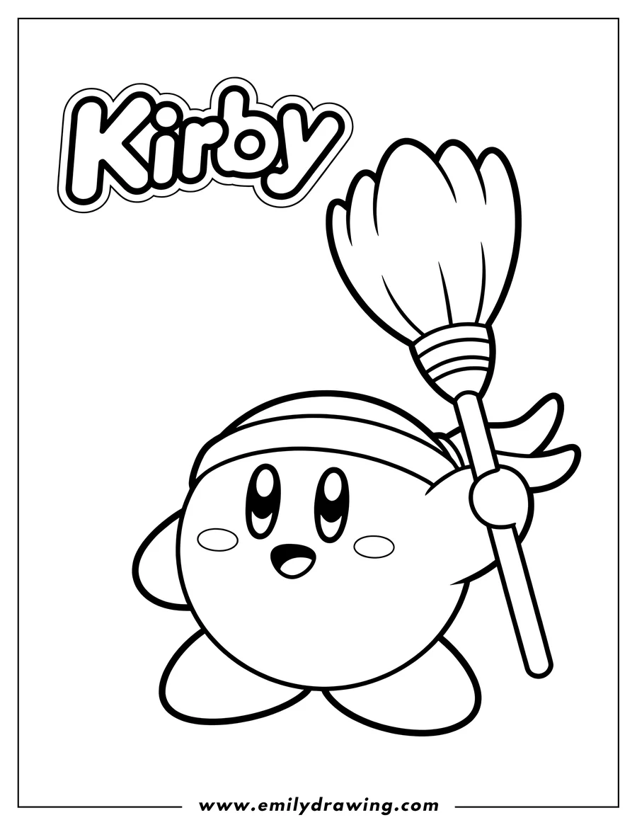 Line art of Kirby, the pink puffball character, wearing a headband and holding a broom.