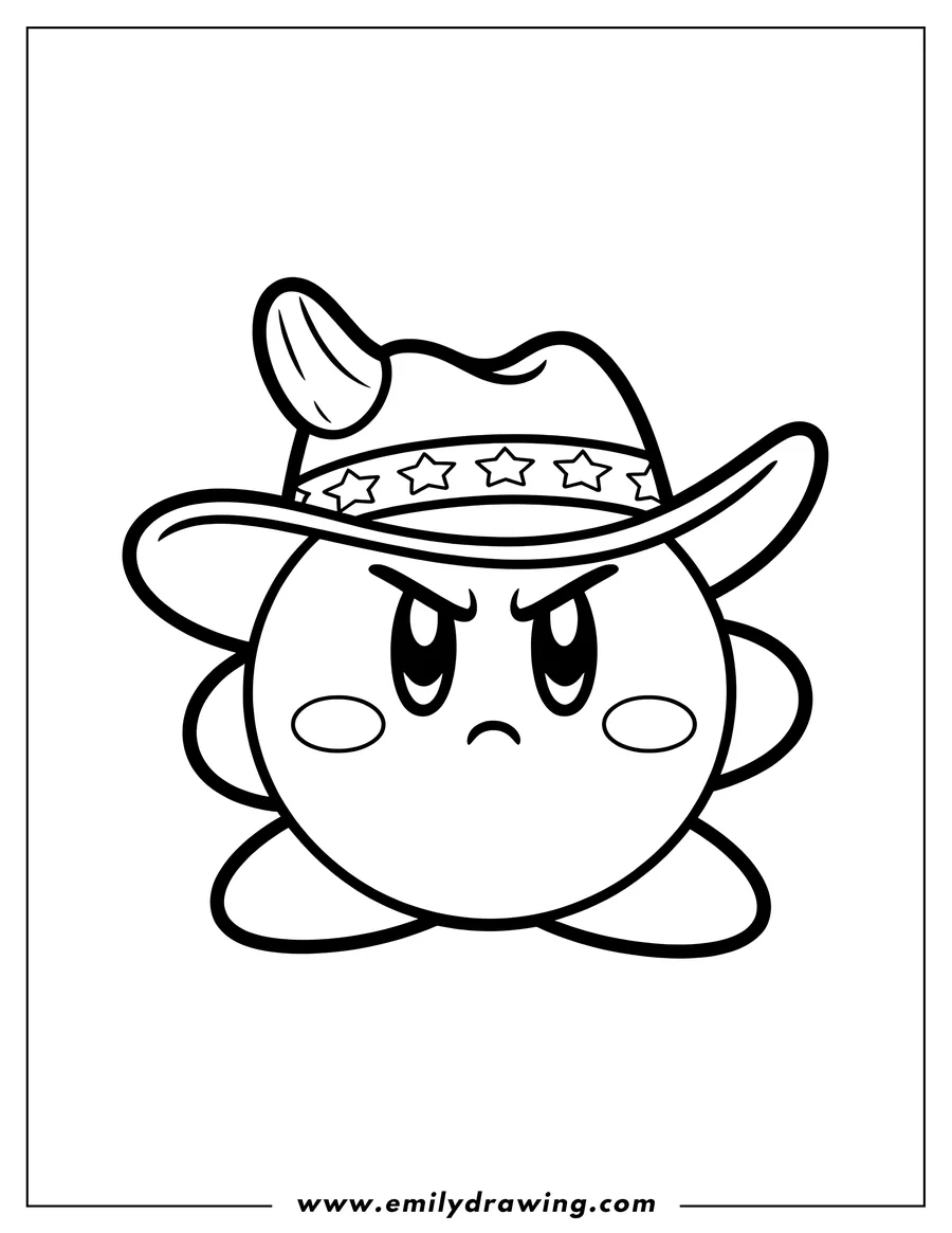 Line art of Kirby wearing a cowboy hat, looking grumpy with a frown and furrowed brow. The hat has a band with stars.