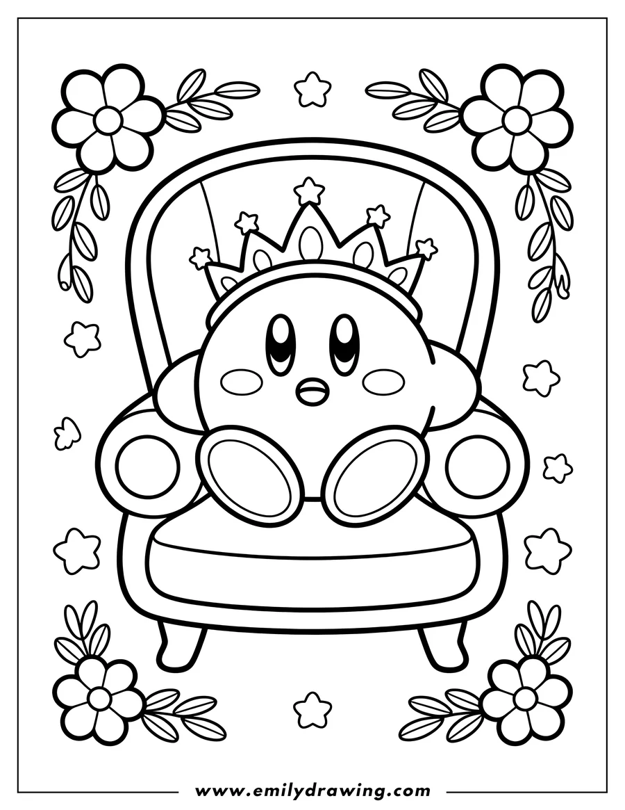 Line art of Kirby wearing a crown, sitting on a chair, surrounded by flowers and stars.