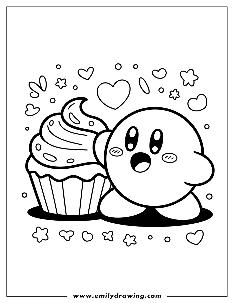 Outline of Kirby looking excited next to a large cupcake, with hearts and star-shaped sprinkles floating around them.