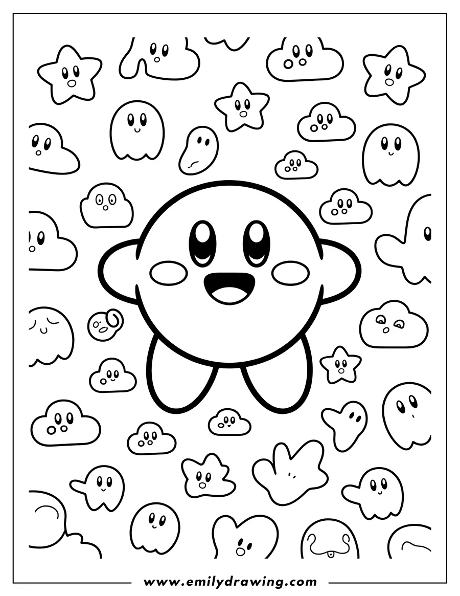 Line art of Kirby, a round character with stubby arms and feet, smiling happily, surrounded by many small, smiling star and cloud-like characters.