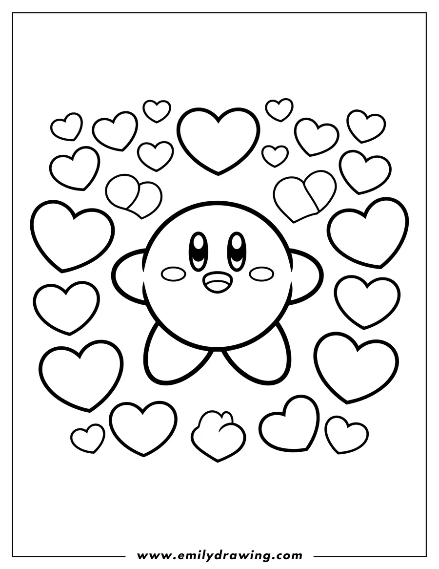 Outline of Kirby, the round character, looking happy with many different-sized hearts floating around him.