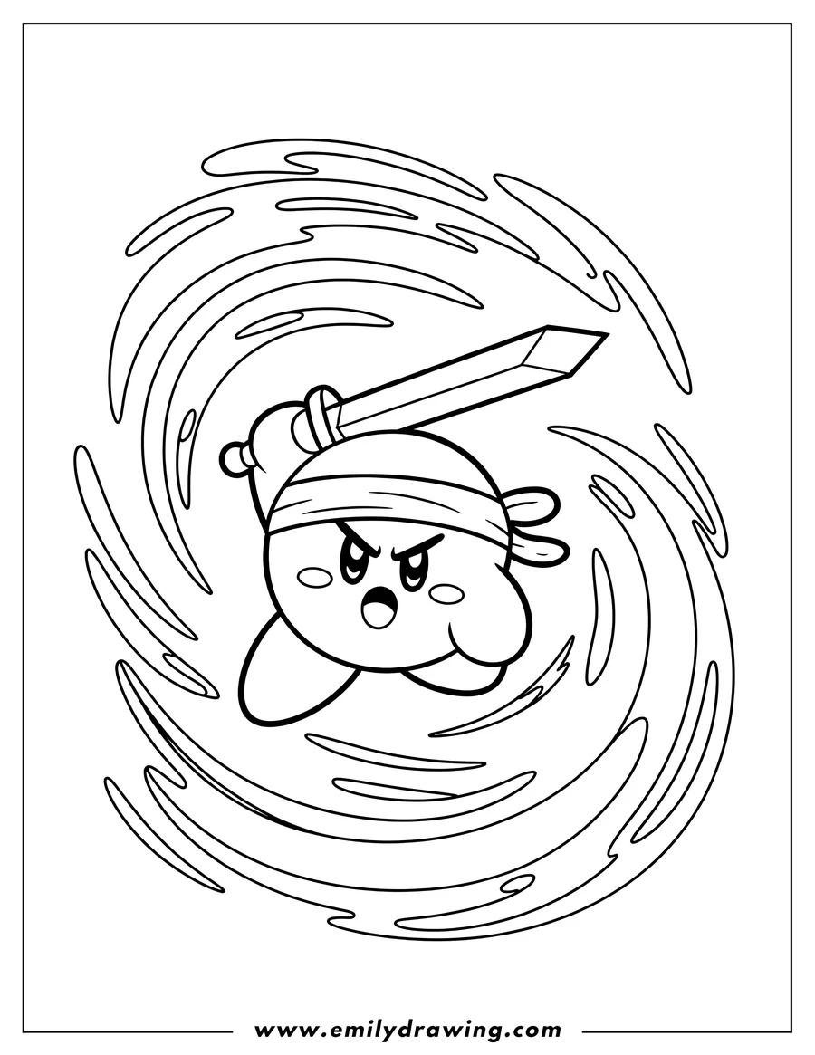 Line art of Kirby as a ninja, wearing a headband and holding a sword, surrounded by swirling lines indicating fast movement.