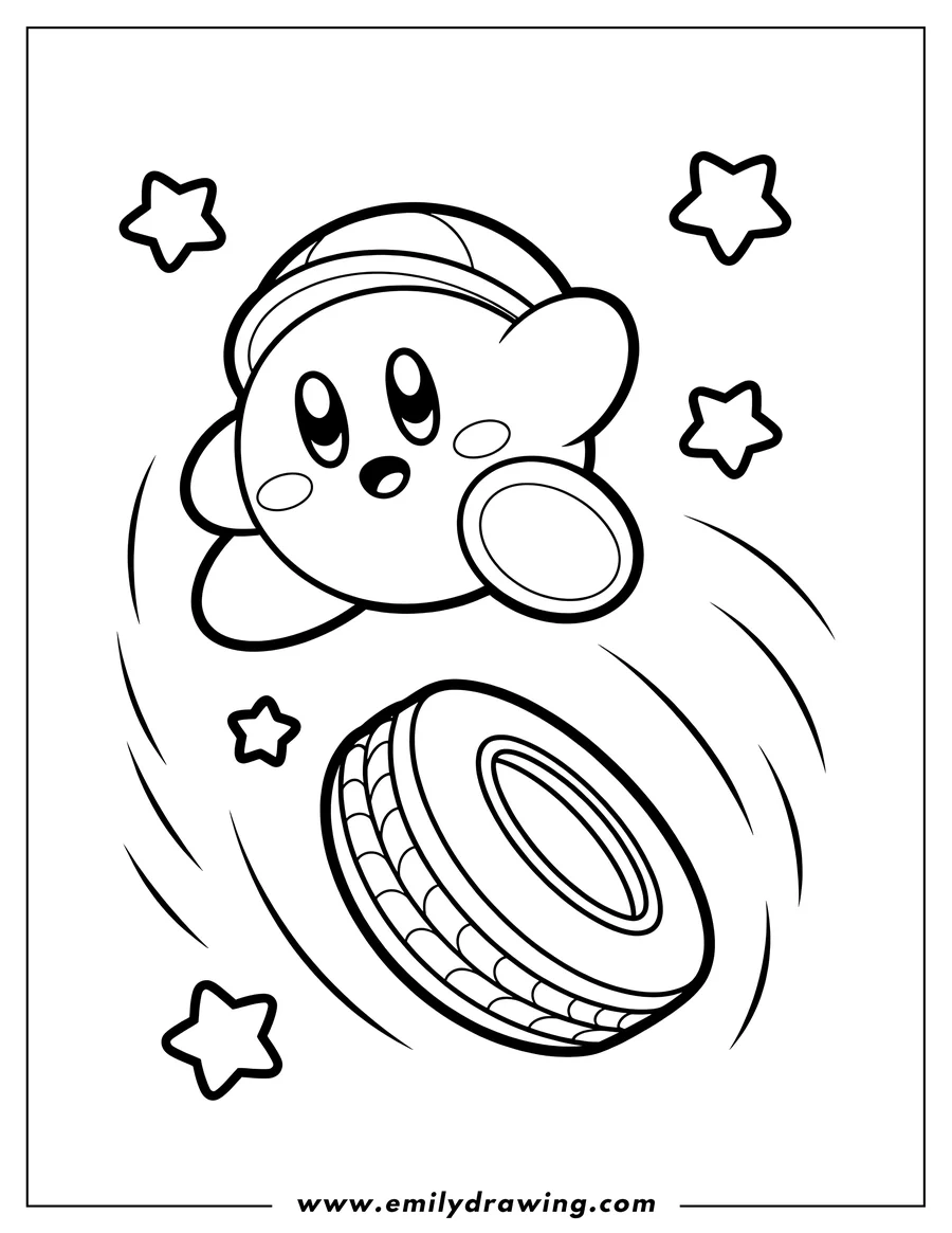 Outline of Kirby flying with a tire below him and four stars floating around.