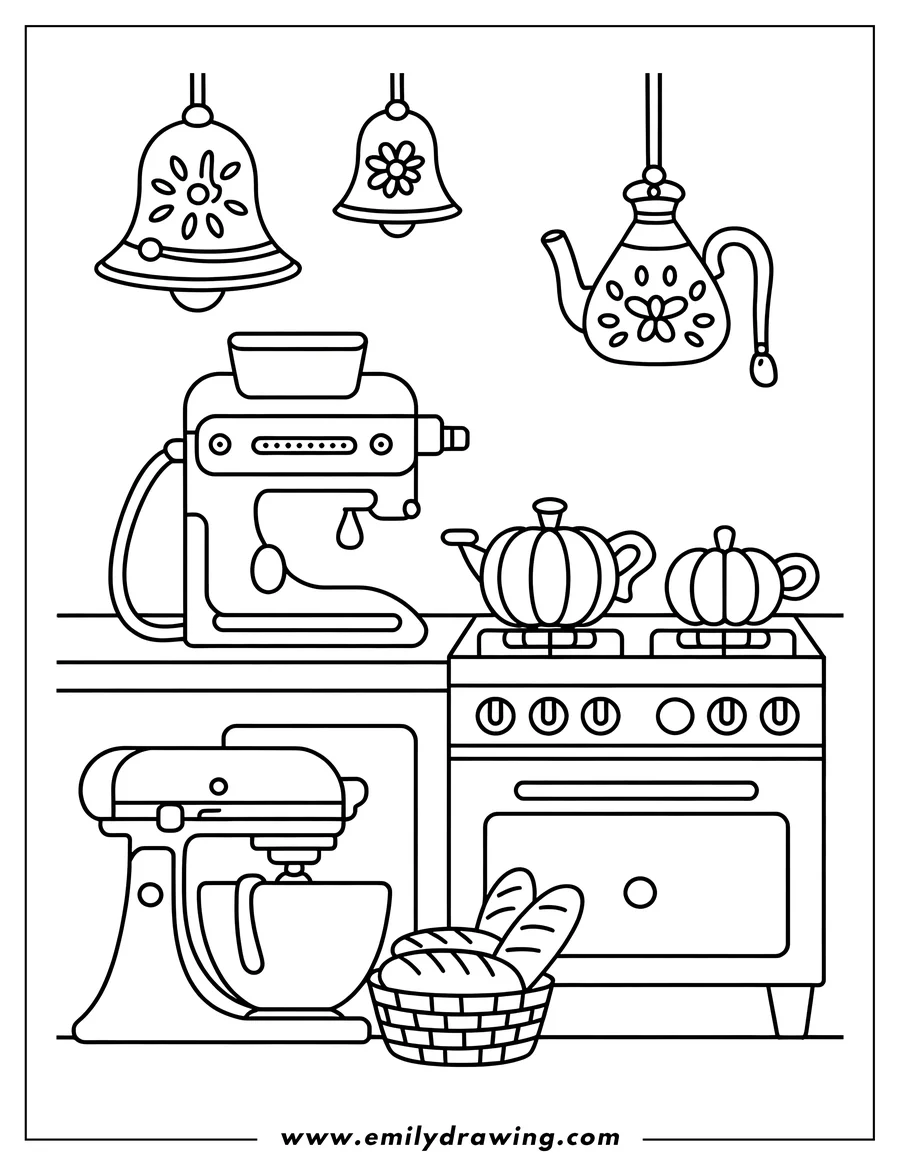 Outline of a detailed kitchen scene featuring an espresso machine, a stand mixer, a stove with pumpkin-shaped kettles, and a basket holding baguettes.