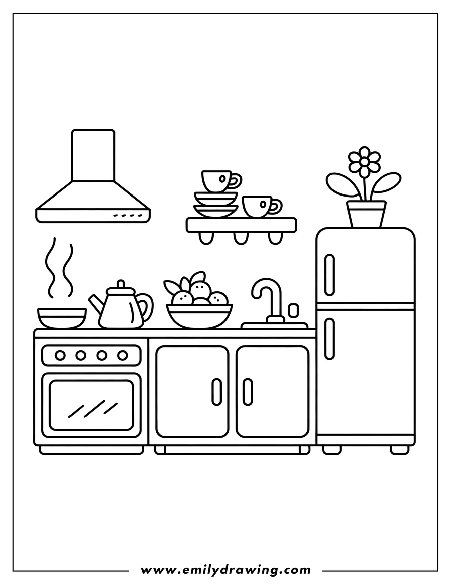 Line art depicting a full kitchen setup with a sink, faucet, stove, oven, range hood, and a refrigerator. The counter holds a teapot, a steaming bowl, and a bowl of fruit.