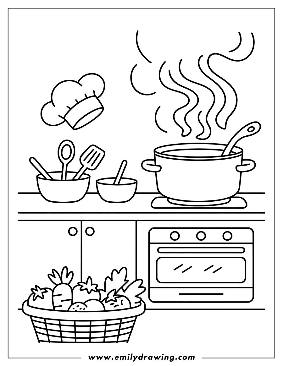 Outline of a kitchen scene featuring a cooking pot steaming on the stove, next to bowls of utensils. A basket of vegetables sits below, with a chef hat floating above the counter.