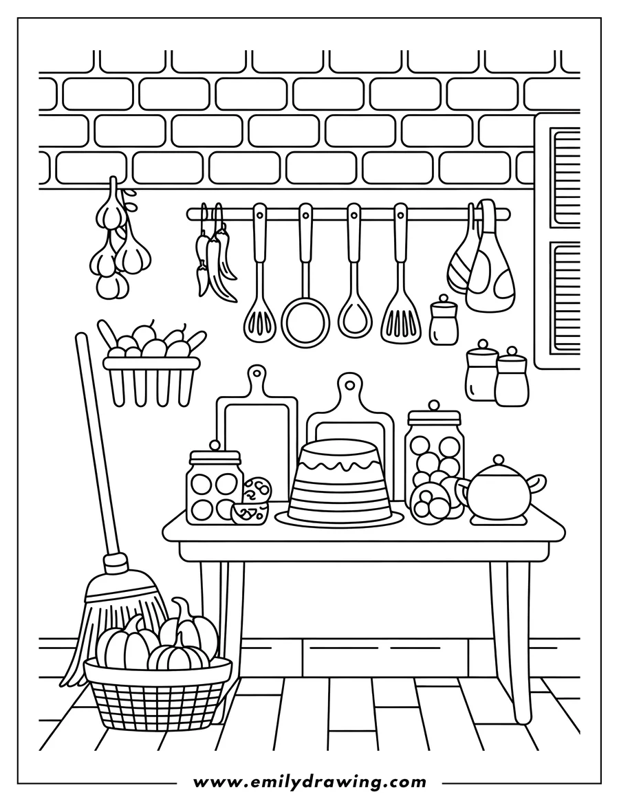 Outline of a detailed kitchen counter filled with food items, jars, cutting boards, and a layered dessert. Hanging above are various kitchen utensils, bunches of garlic, and chili peppers. A basket of pumpkins sits on the floor next to a broom.