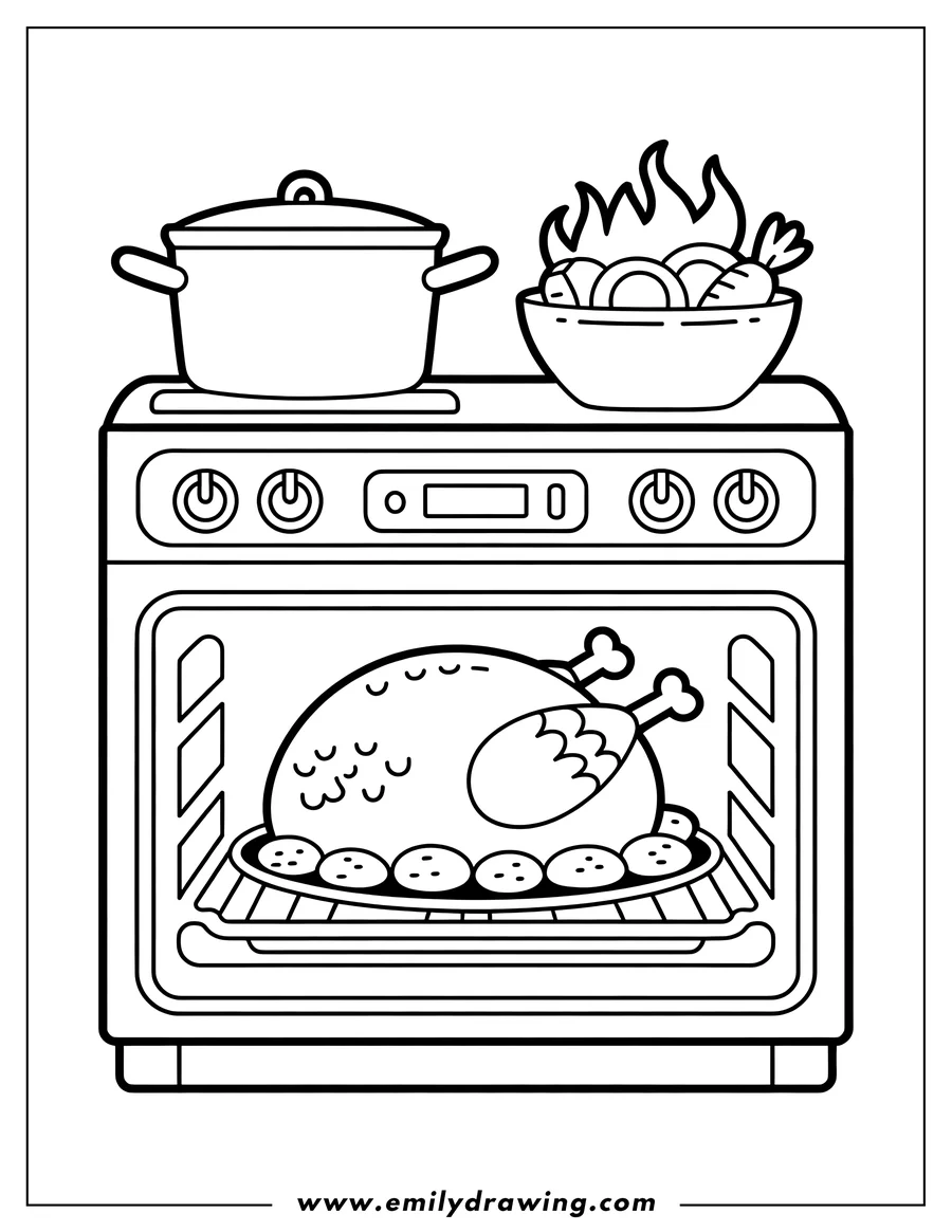 Line art of a kitchen stove with a lidded pot and a bowl of vegetables on the burners. A large, roasting turkey dinner is visible inside the open oven cavity.