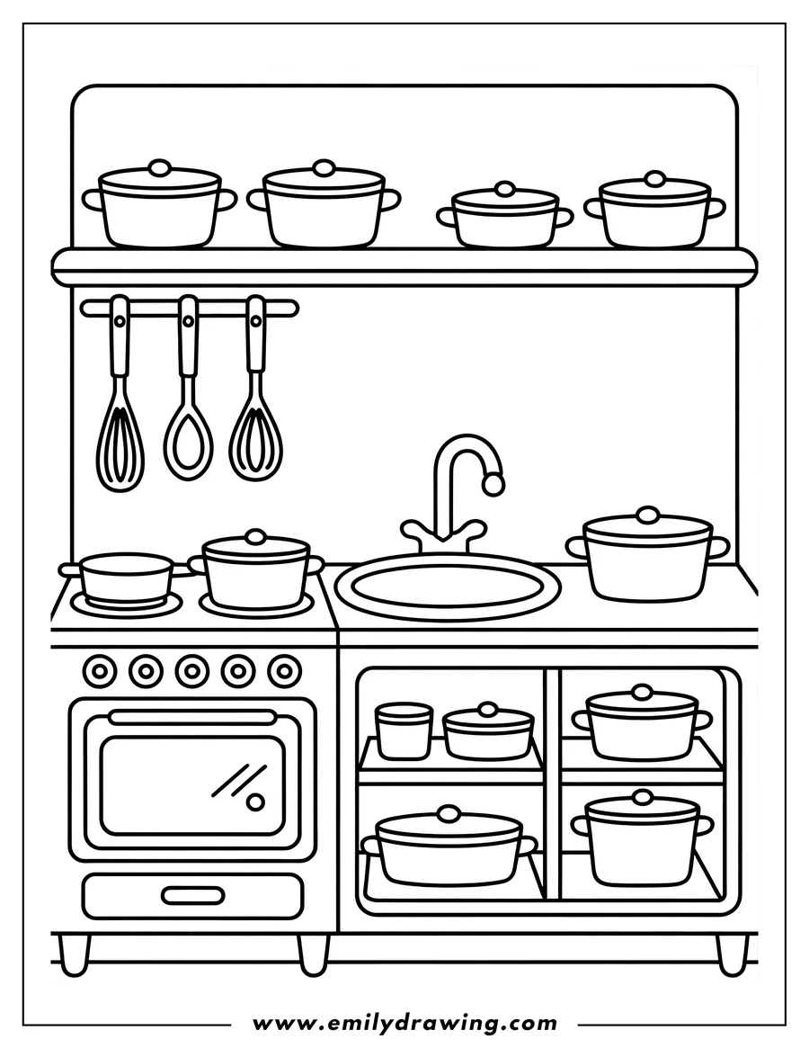 Outline of a compact kitchen unit featuring a stove, oven, sink, and faucet. The unit is fully stocked with several pots and pans stored on top, on burners, and inside cabinets, plus three hanging utensils.