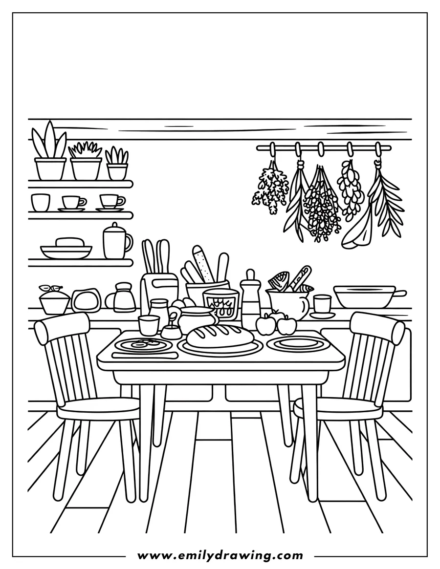 Outline of a cozy kitchen scene featuring a dining table set with place settings, a loaf of bread, and fruit. The background shows shelves filled with potted plants and dishes, and bundles of herbs hanging from a rack.