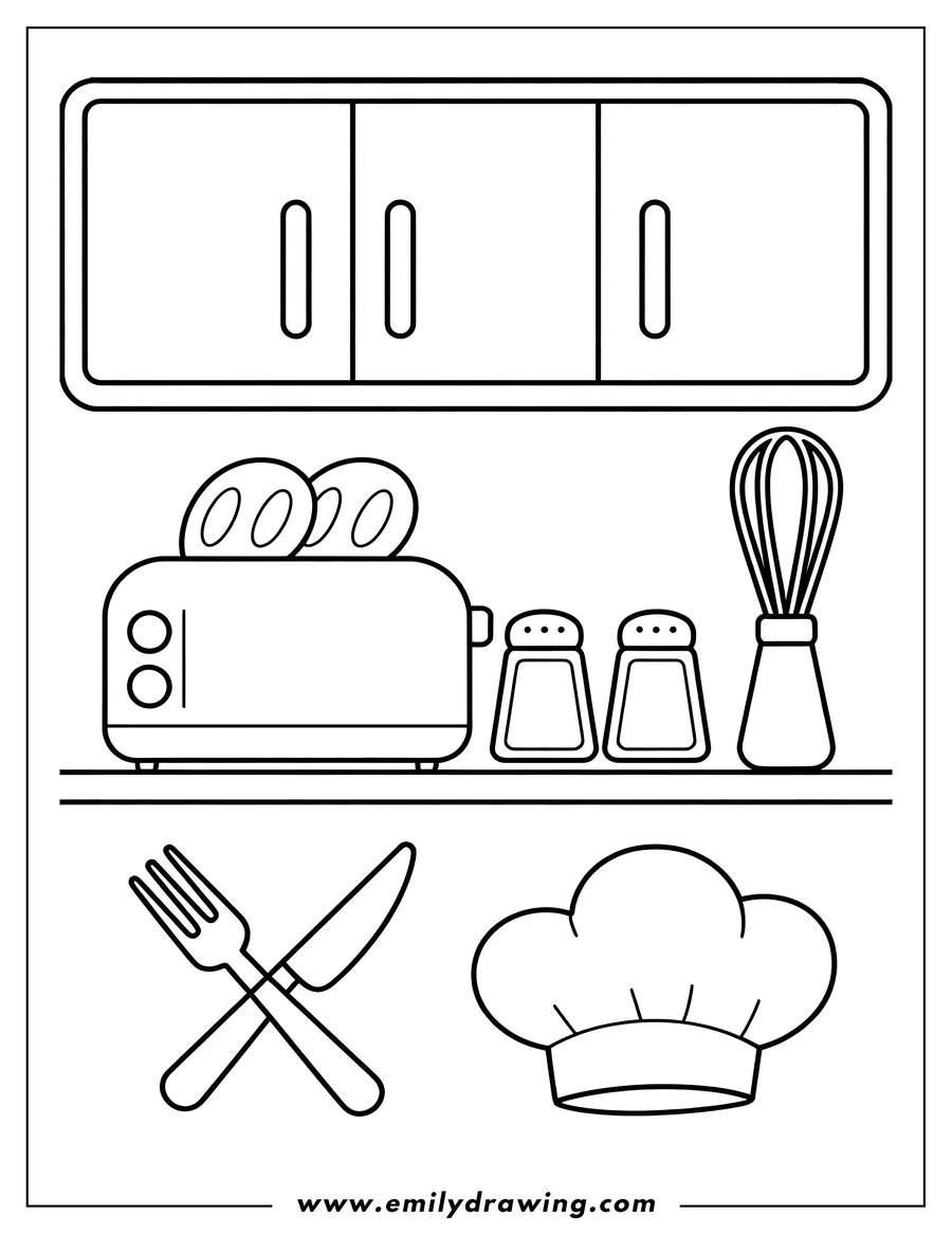 Outline of various kitchen tools and appliances, including a toaster with toast, salt and pepper shakers, a whisk, a fork and knife crossed, and a large chef's hat.