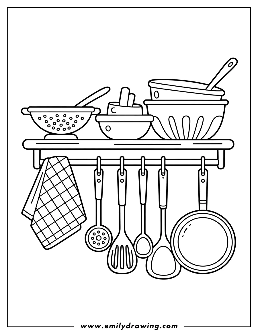 Outline of organized kitchen storage featuring various cooking utensils, bowls, a colander, and a checkered towel hanging from a rack and shelf.