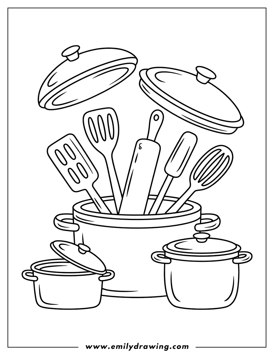 Outline of various kitchen tools including spatulas, a rolling pin, and slotted spoons standing inside a large cooking pot, surrounded by smaller lidded pots and floating lids.