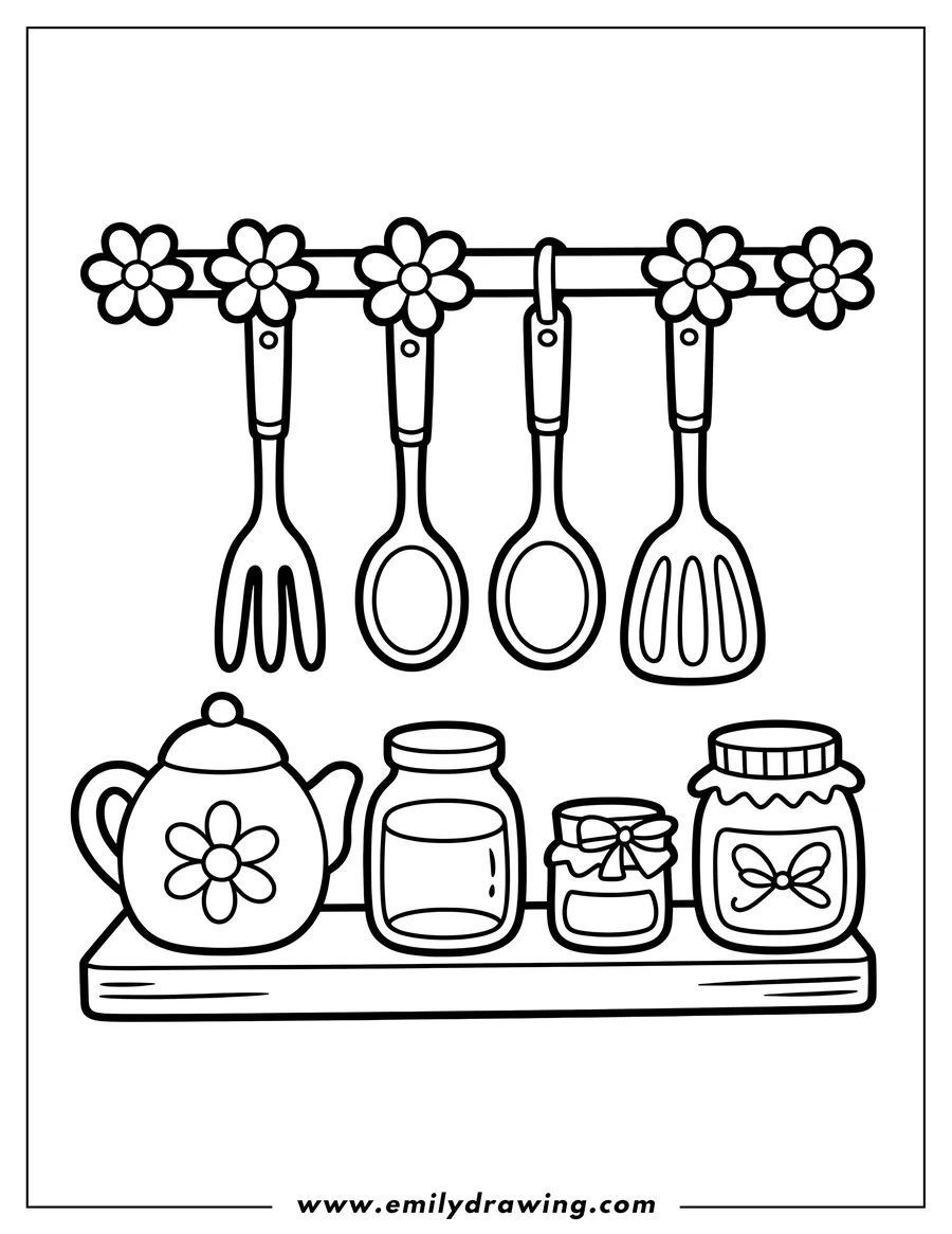 Line art of kitchen utensils (fork, spoons, spatula) hanging from a floral-decorated rack. Below, a shelf holds a teapot and three jars, including small jam jars tied with bows.