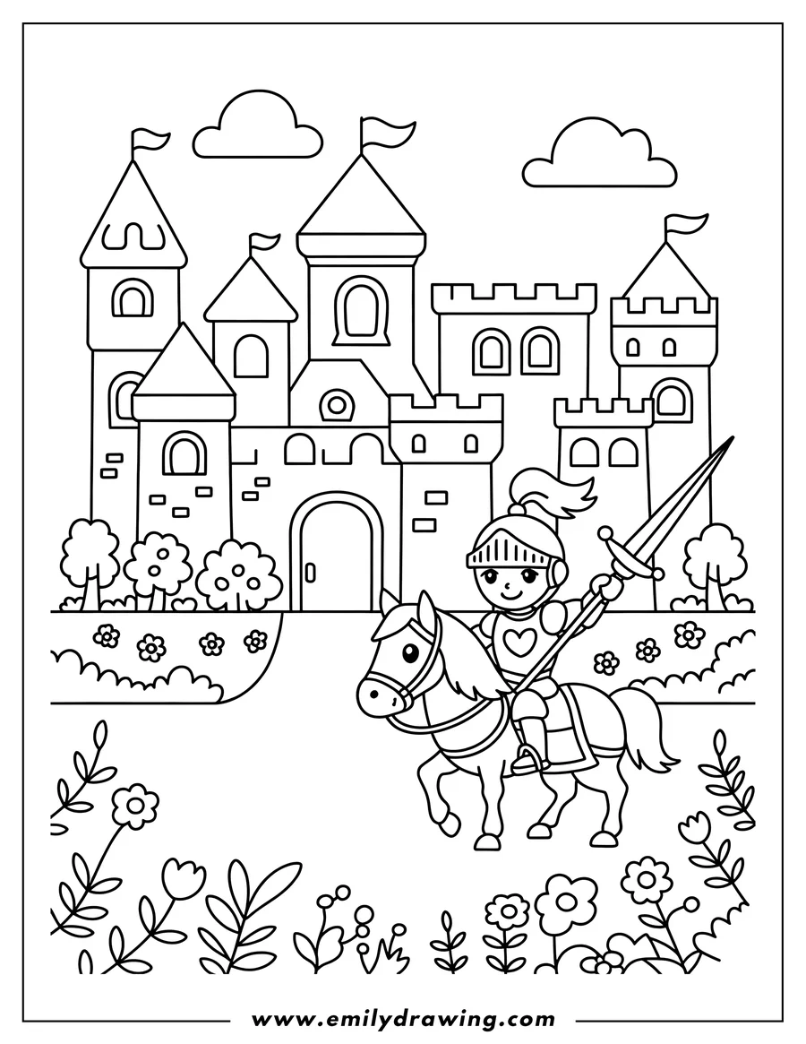 Line art of a smiling knight in armor, holding a spear, riding a horse in front of a grand castle with flags and trees, with flowers in the foreground.