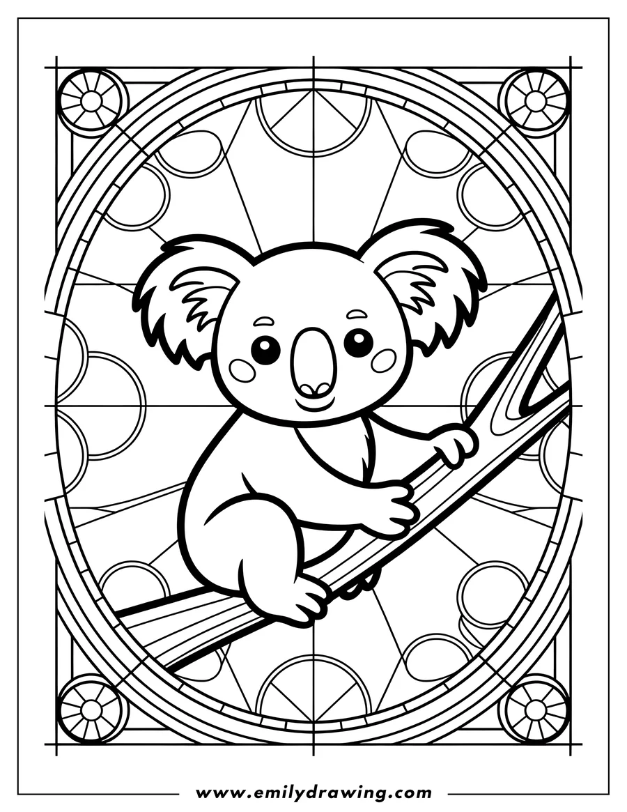 Outline of a koala sitting on a tree branch, styled like a stained-glass window.