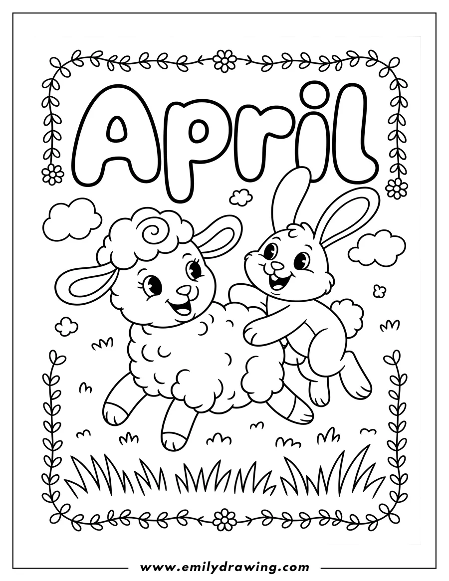 Outline of a lamb and bunny hopping in the grass, celebrating April with a floral border design.