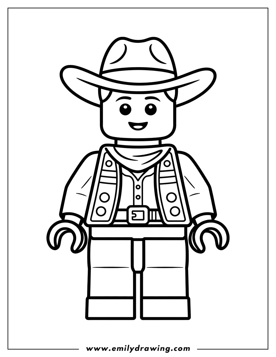 Line art of a Lego minifigure dressed as a cowboy, wearing a wide-brimmed hat, a vest with buttons, a scarf, and a belt buckle.