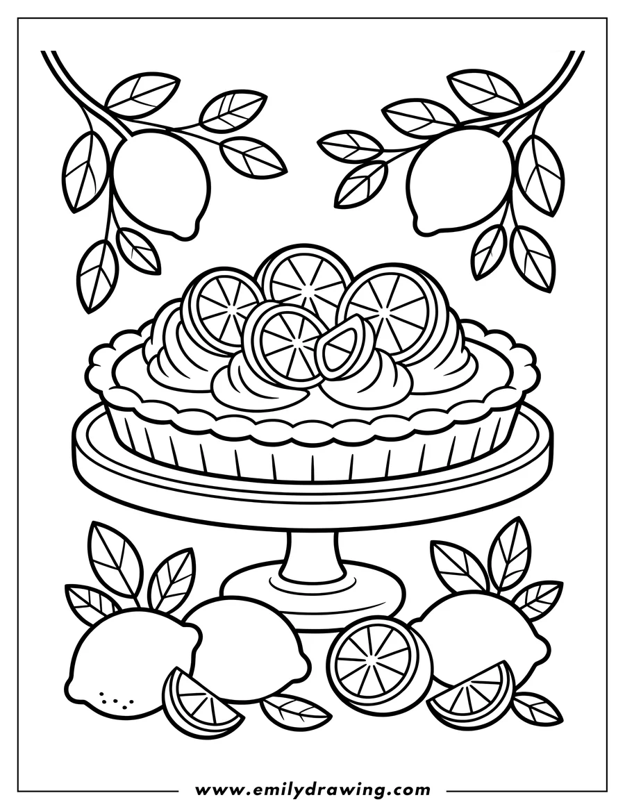 Line art outline of a lemon pie displayed on a pedestal serving platter, decorated with meringue swirls and citrus slices. Loose lemons and leafy branches surround the sweet dessert.