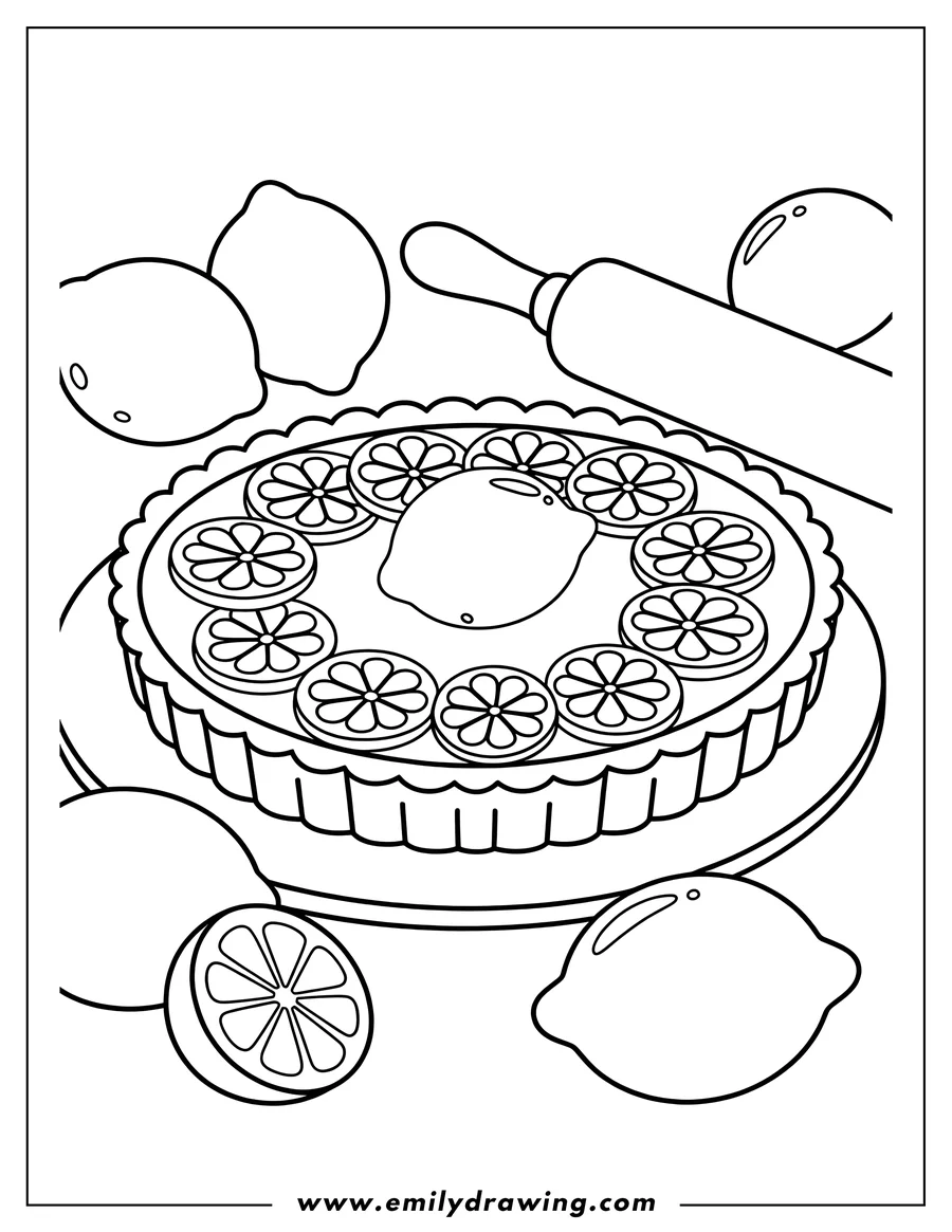 Outline of a lemon tart decorated with slices and a whole lemon, surrounded by extra lemons and a rolling pin, depicting a baking scene.