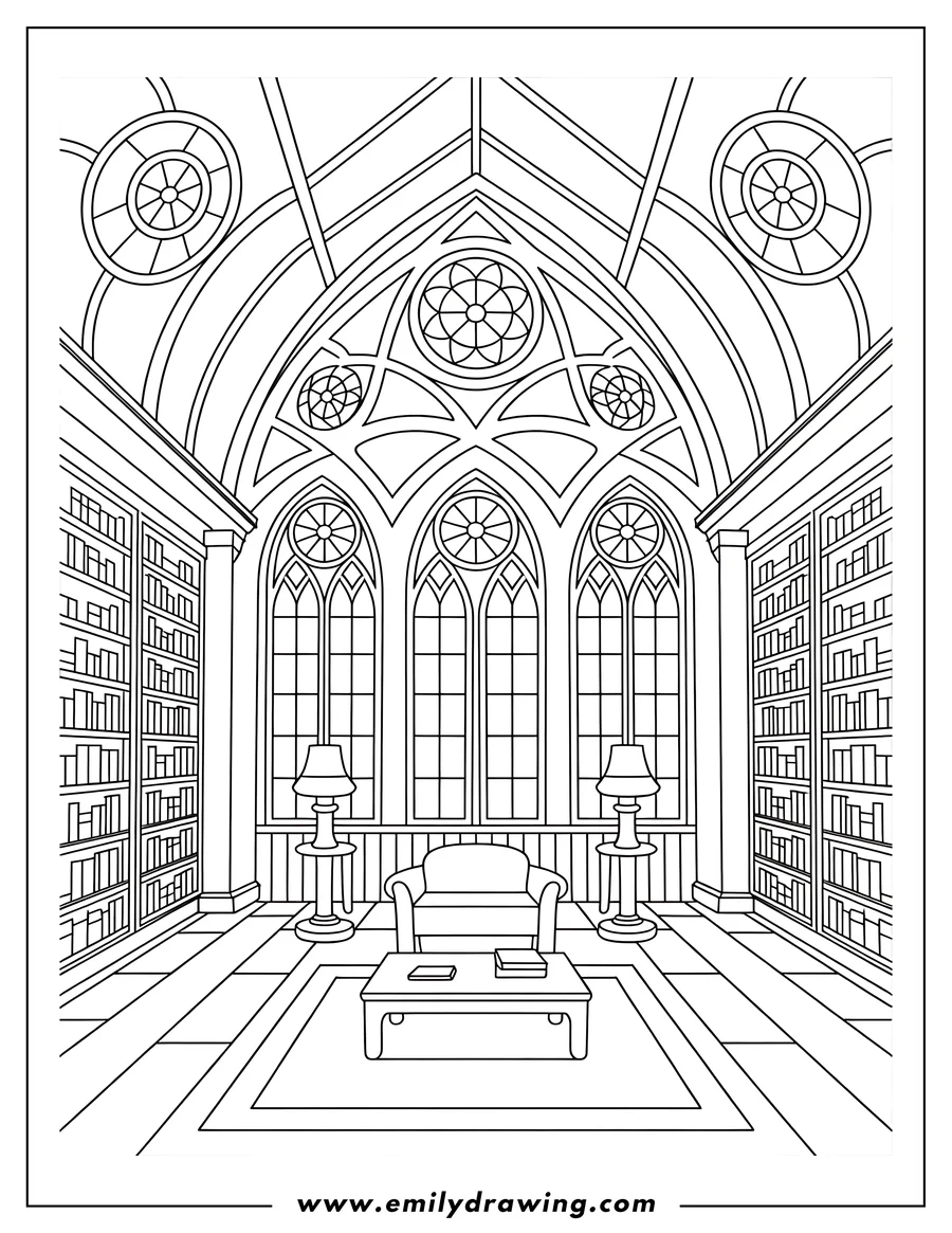 Line art of a library interior with bookshelves, a comfortable armchair, side tables with lamps, and large stained glass windows.