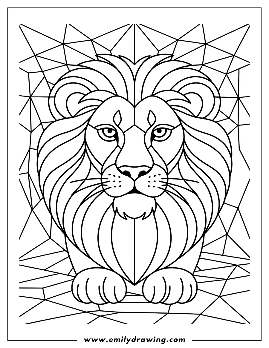 Line art of a lion in stained glass style. Its head and front paws are visible against a geometric background.