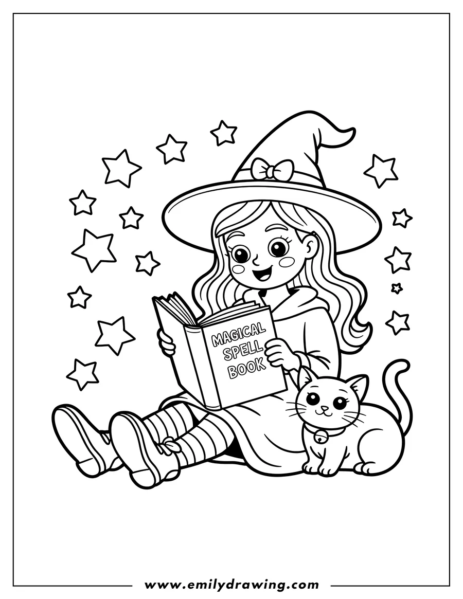Line art of a smiling girl dressed as a witch (wearing a large pointed hat and striped socks) sitting and reading a magical spell book with a small cat companion beside her. Stars float around the background.