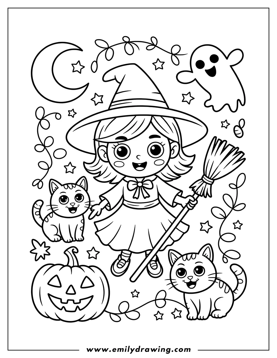 Outline of a chibi witch holding a broomstick, surrounded by two cats, a friendly ghost, and a carved jack-o'-lantern under a crescent moon.