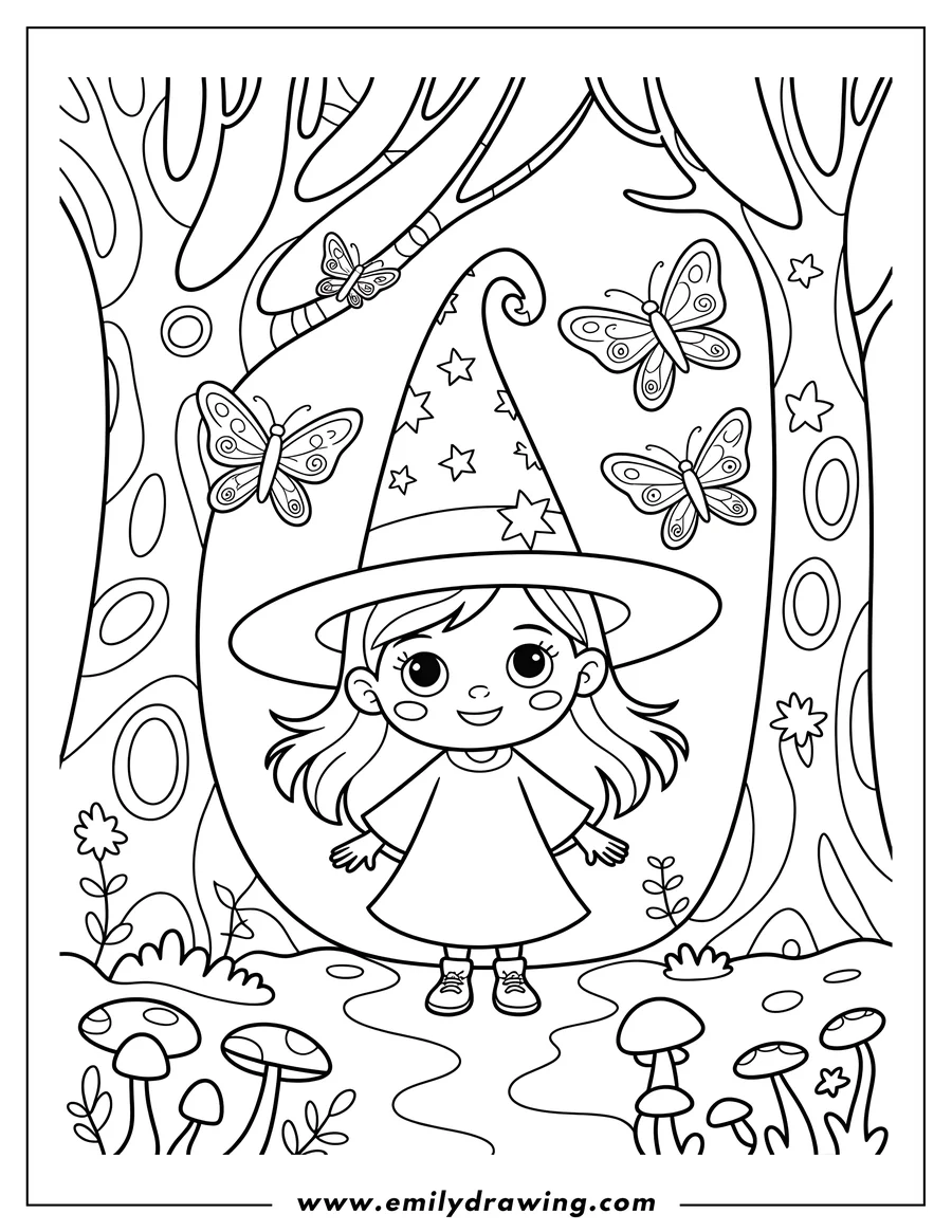 Line art of a cheerful little girl wearing a wide-brimmed, star-patterned witch hat, standing in a whimsical forest clearing surrounded by large butterflies and patches of mushrooms.