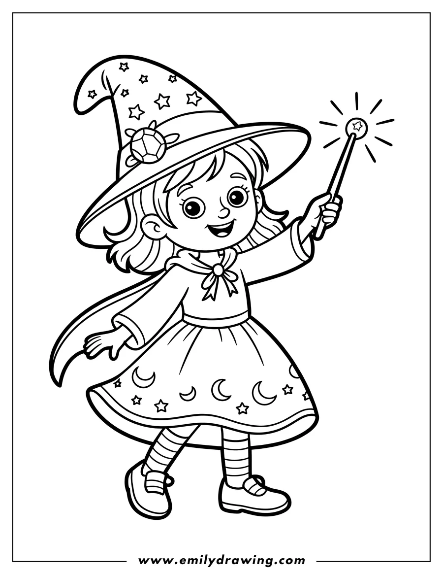 Line art of a smiling little witch girl wearing a pointed hat decorated with stars and a turtle charm, casting a spell with a sparkling magic wand.