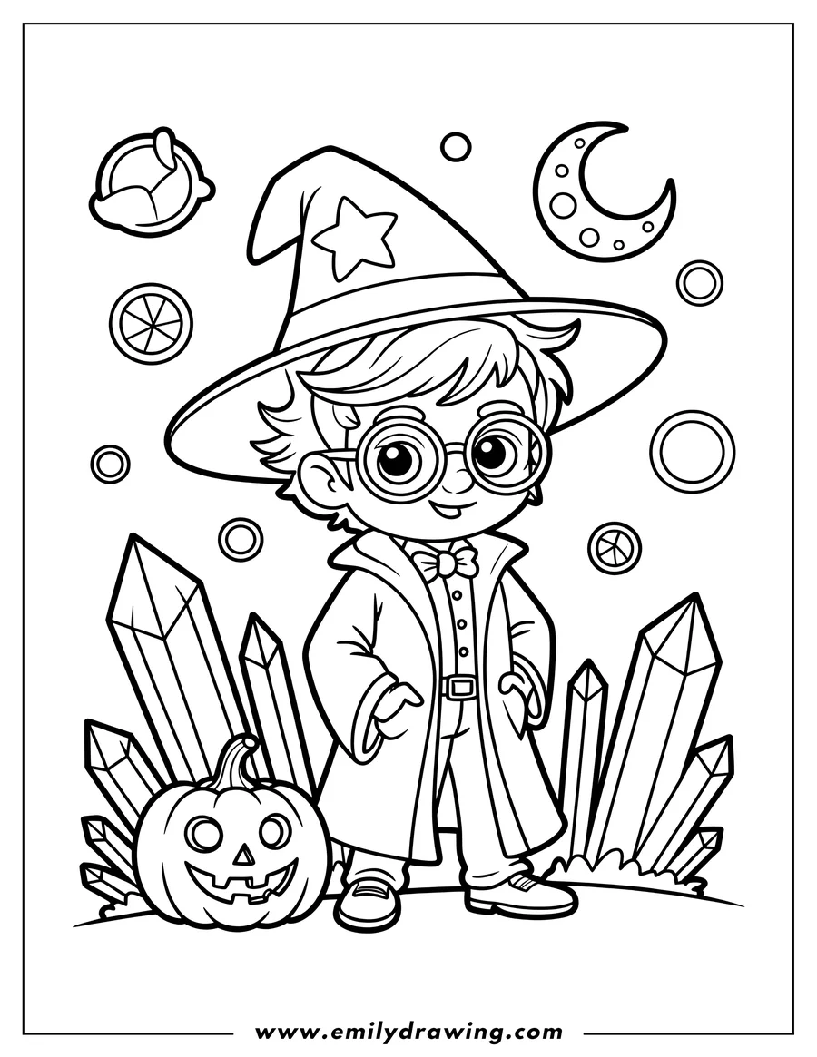 Outline art of a young wizard wearing a star hat, glasses, and a long robe, standing next to a carved jack-o'-lantern and surrounded by tall, sharp magic crystals.