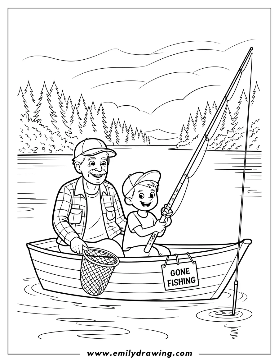 Line art of a man and a boy fishing from a small boat on a lake. The boy is holding a fishing rod, and the man has a net. There is a 'Gone Fishing' sign on the boat. Trees and hills are visible in the background.