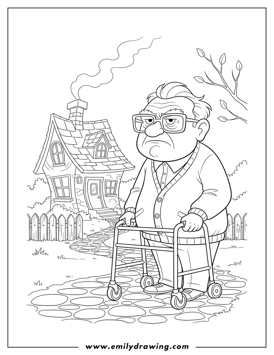Outline of a grumpy-looking old man with glasses and a walker, standing on a cobblestone path. Behind him is a small house with smoke coming from its chimney, and a picket fence.