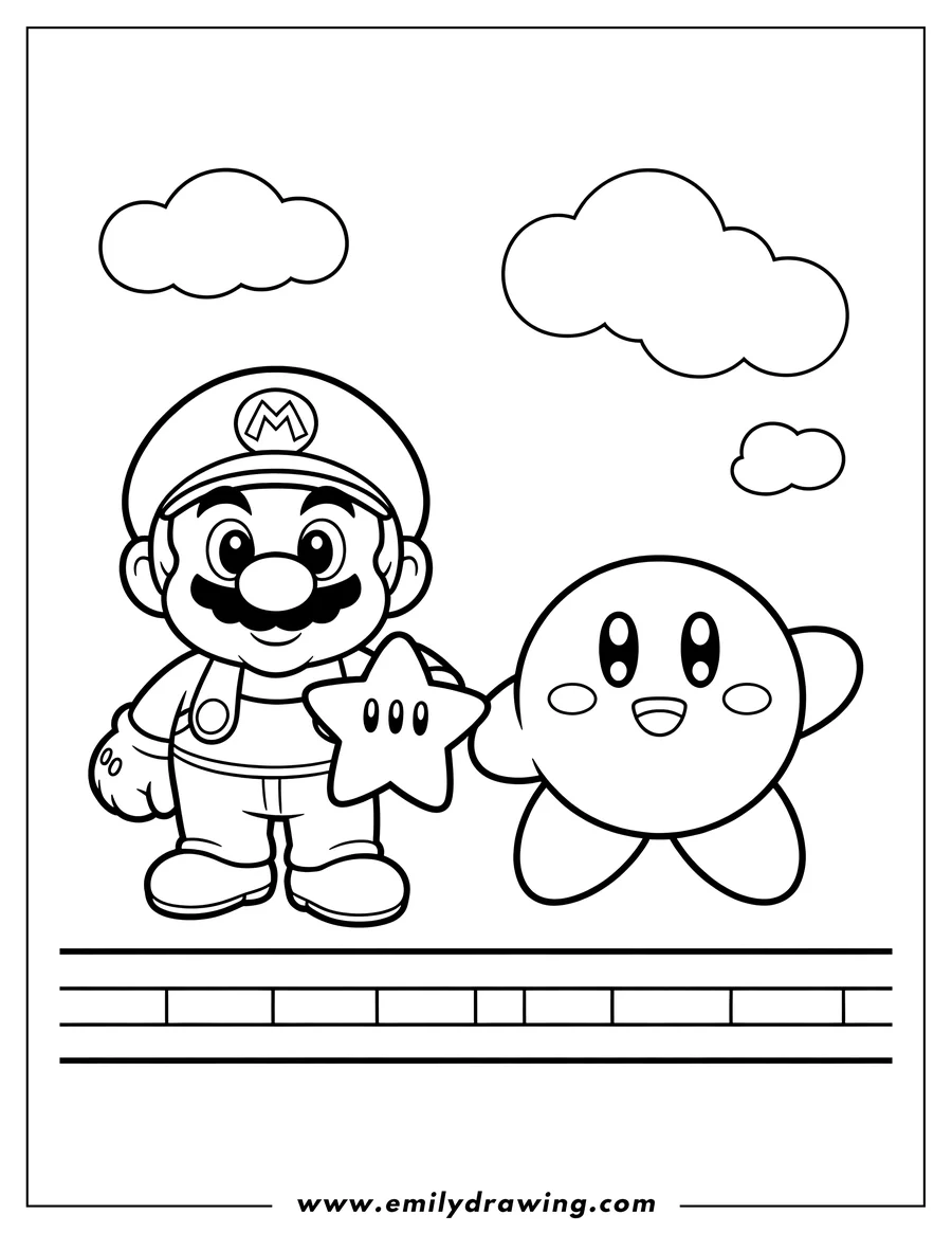 Line art of Mario and Kirby standing side-by-side, with Mario holding a star. Clouds are in the background.