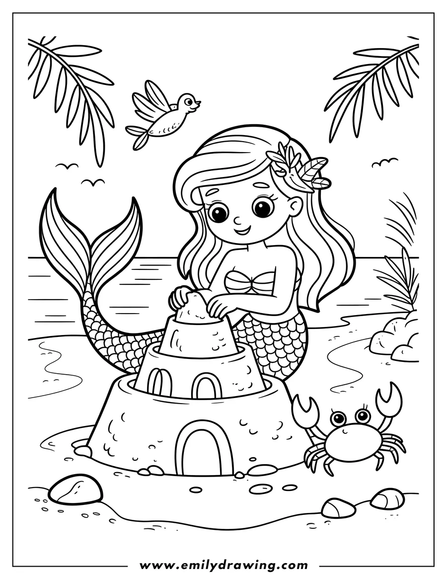 Line art of a happy mermaid sitting on the beach, building a sandcastle. A little crab is next to the sandcastle, and a bird flies overhead.