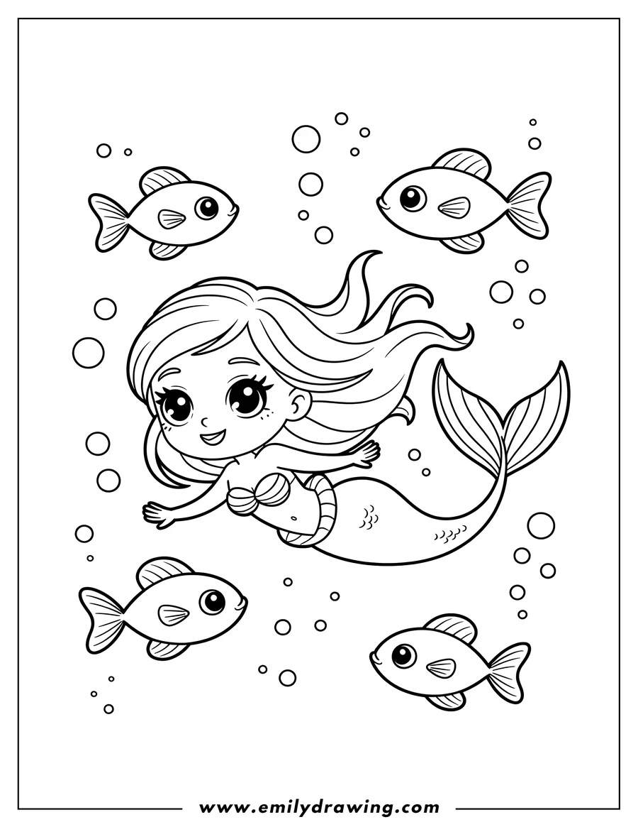 Line art of a cartoon mermaid swimming underwater with four small fish and bubbles.