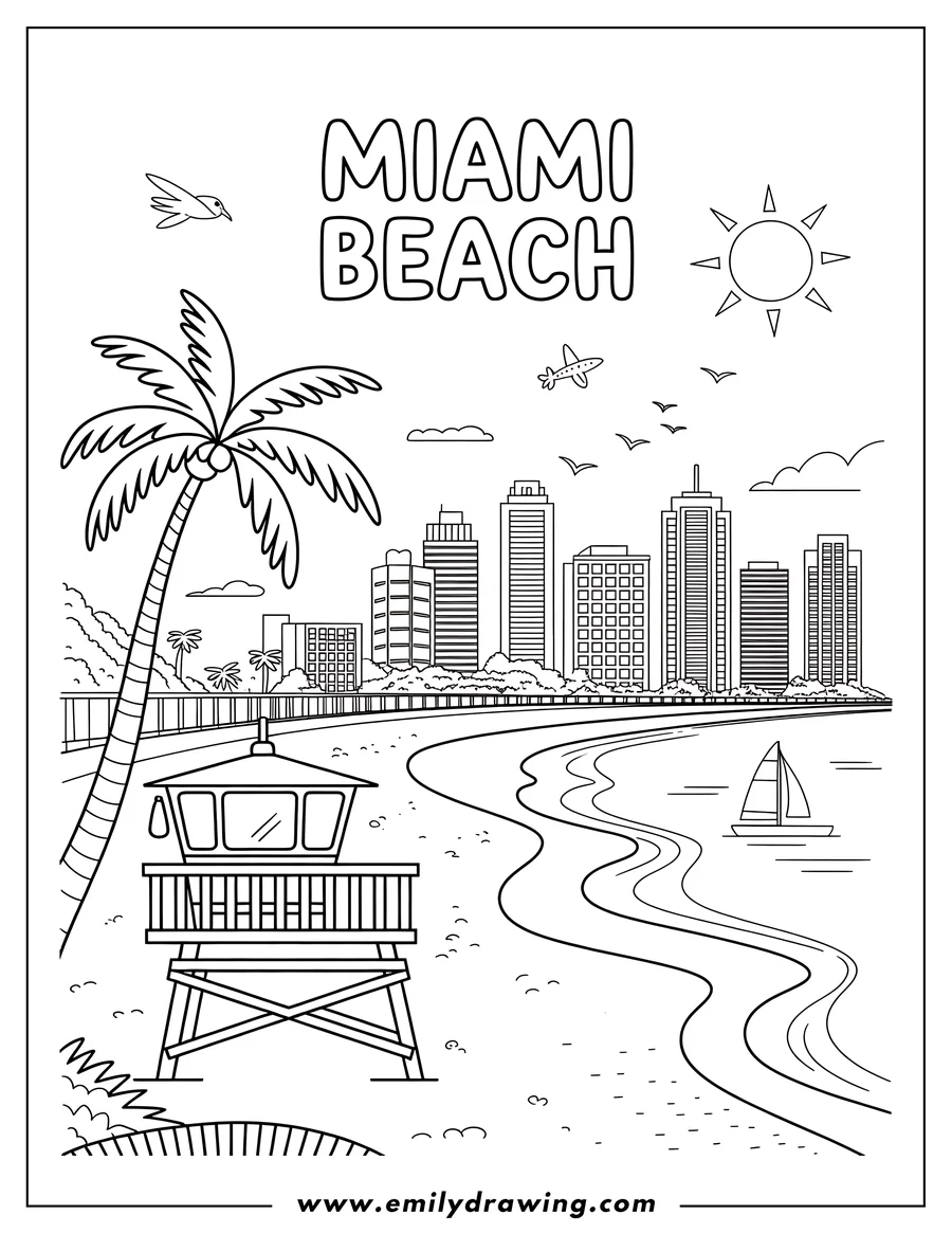Outline of Miami Beach with a lifeguard tower, palm tree, city skyline, sun, and a sailboat