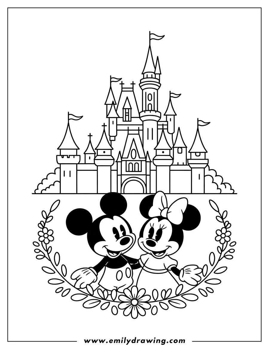Line art of Mickey Mouse and Minnie Mouse standing together in front of a grand castle, enclosed by a floral wreath.