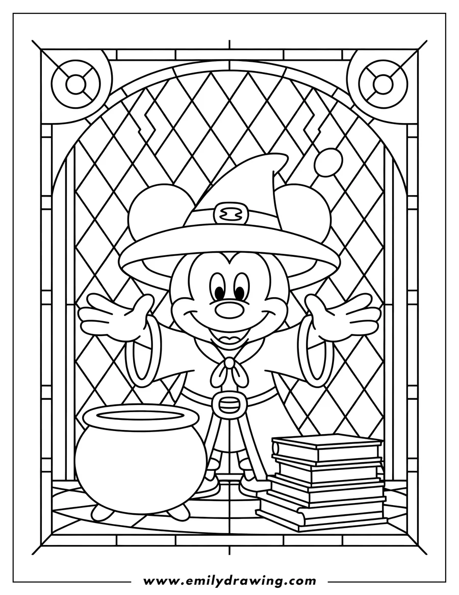 Line art of Mickey Mouse as a sorcerer, with a cauldron and spell books in front of a stained glass window.