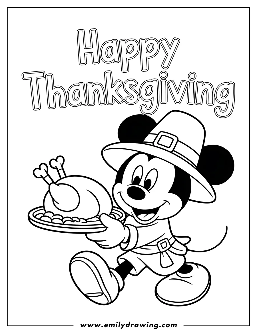 Line art of Mickey Mouse in a pilgrim outfit carrying a platter of Thanksgiving turkey.