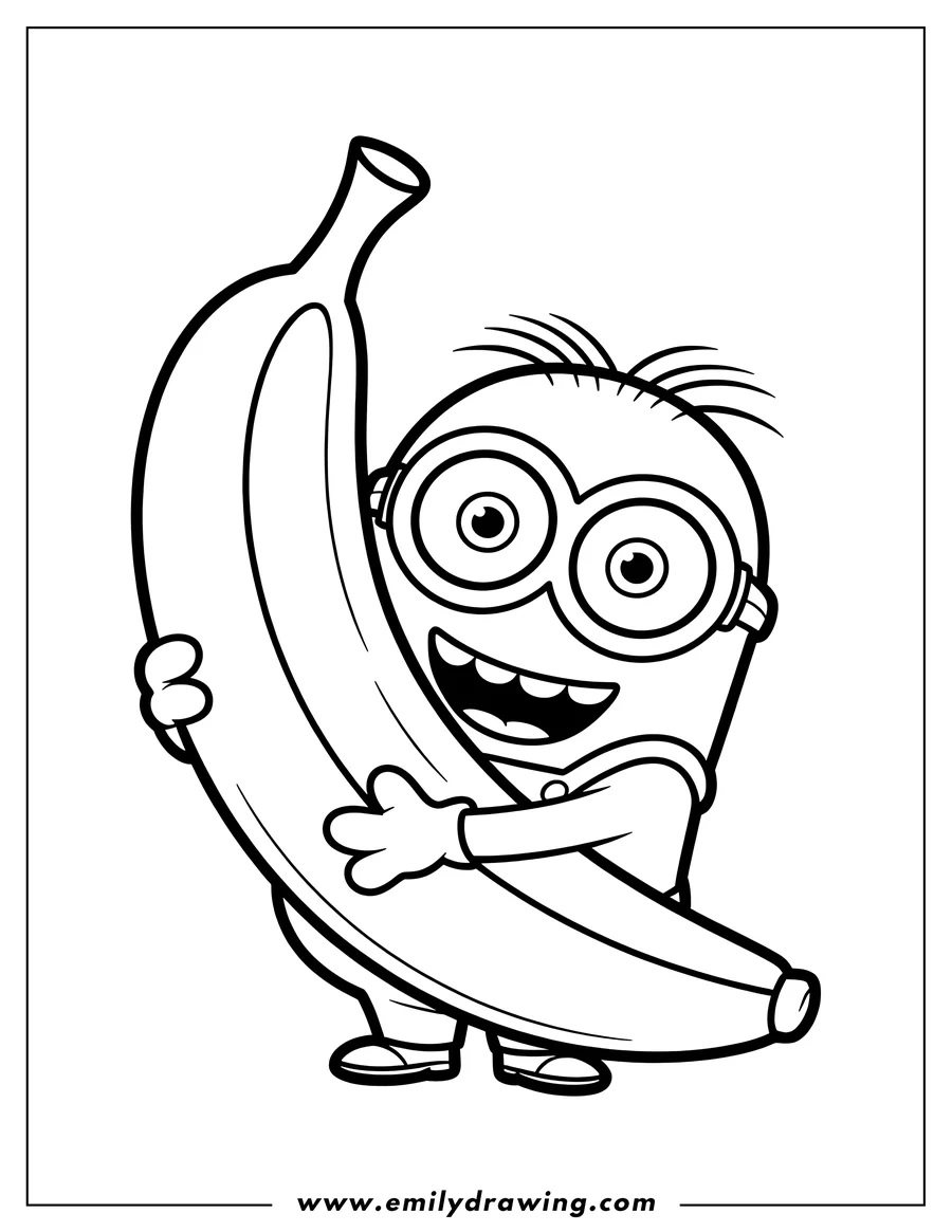Line art of a minion from Despicable Me holding a large banana.