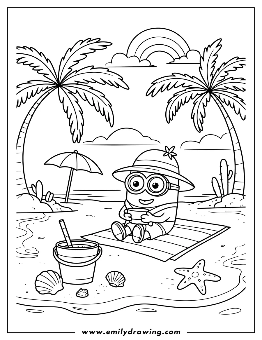 Line art of a minion wearing a hat and sunglasses, sitting on a blanket on a beach with palm trees and a rainbow in the sky. A bucket, shovel, seashells, and a starfish are on the sand.
