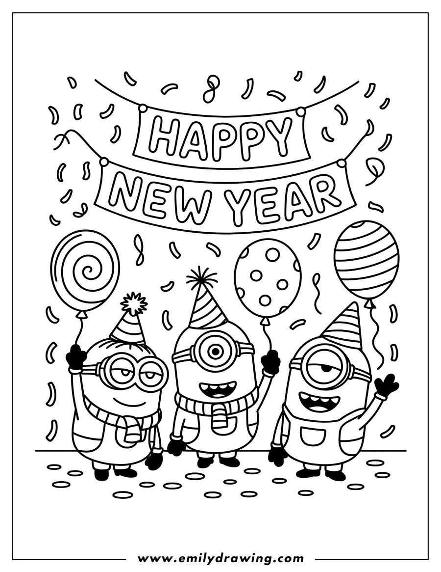 Outline of three Minions wearing party hats and scarves, holding balloons, standing under a 'Happy New Year' banner with confetti falling.