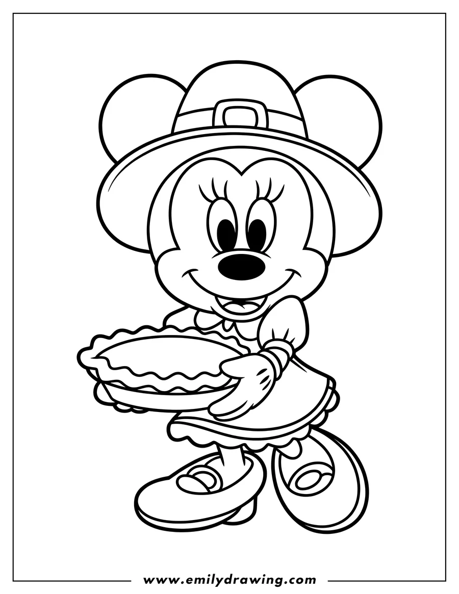 Line art of Minnie Mouse in a Thanksgiving outfit holding a pie.