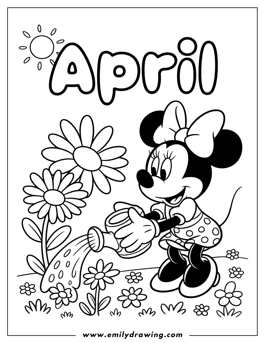 Minnie Mouse watering flowers in a garden with a watering can. The sun is shining overhead.