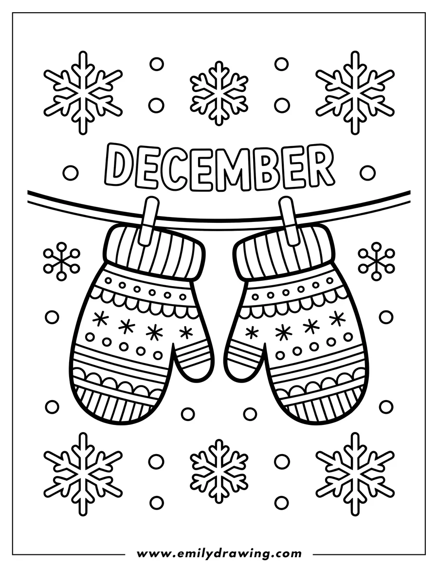Line art of a pair of mittens with snowflake patterns hanging on a line, with the word 'DECEMBER' above them, and various snowflakes and small circles scattered around, creating a winter scene.