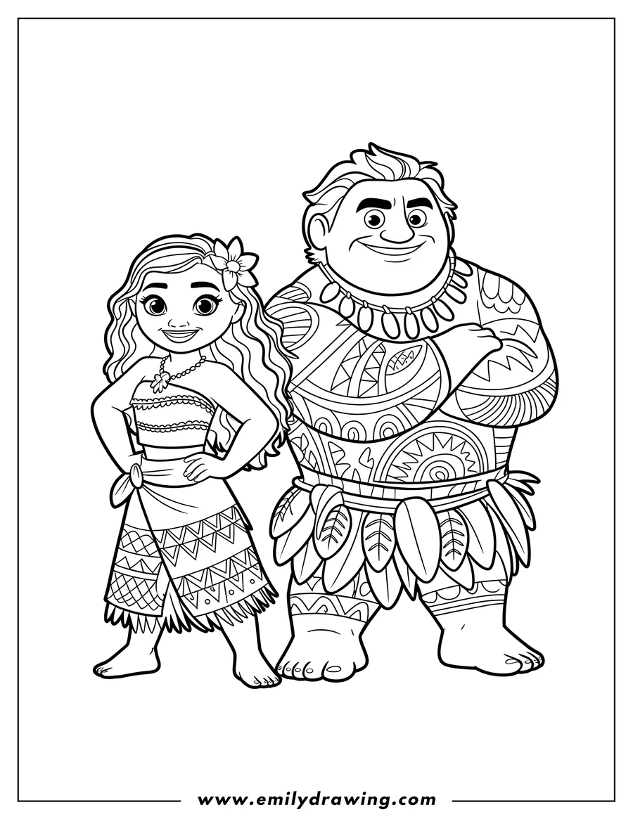 Outline drawing of Moana standing next to Chief Tui, her father, both smiling and wearing traditional Polynesian attire.