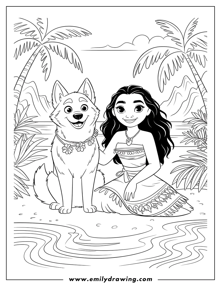 Line art of Moana sitting on the tropical shoreline next to a large, smiling dog wearing a flower necklace, with palm trees and mountains in the background.